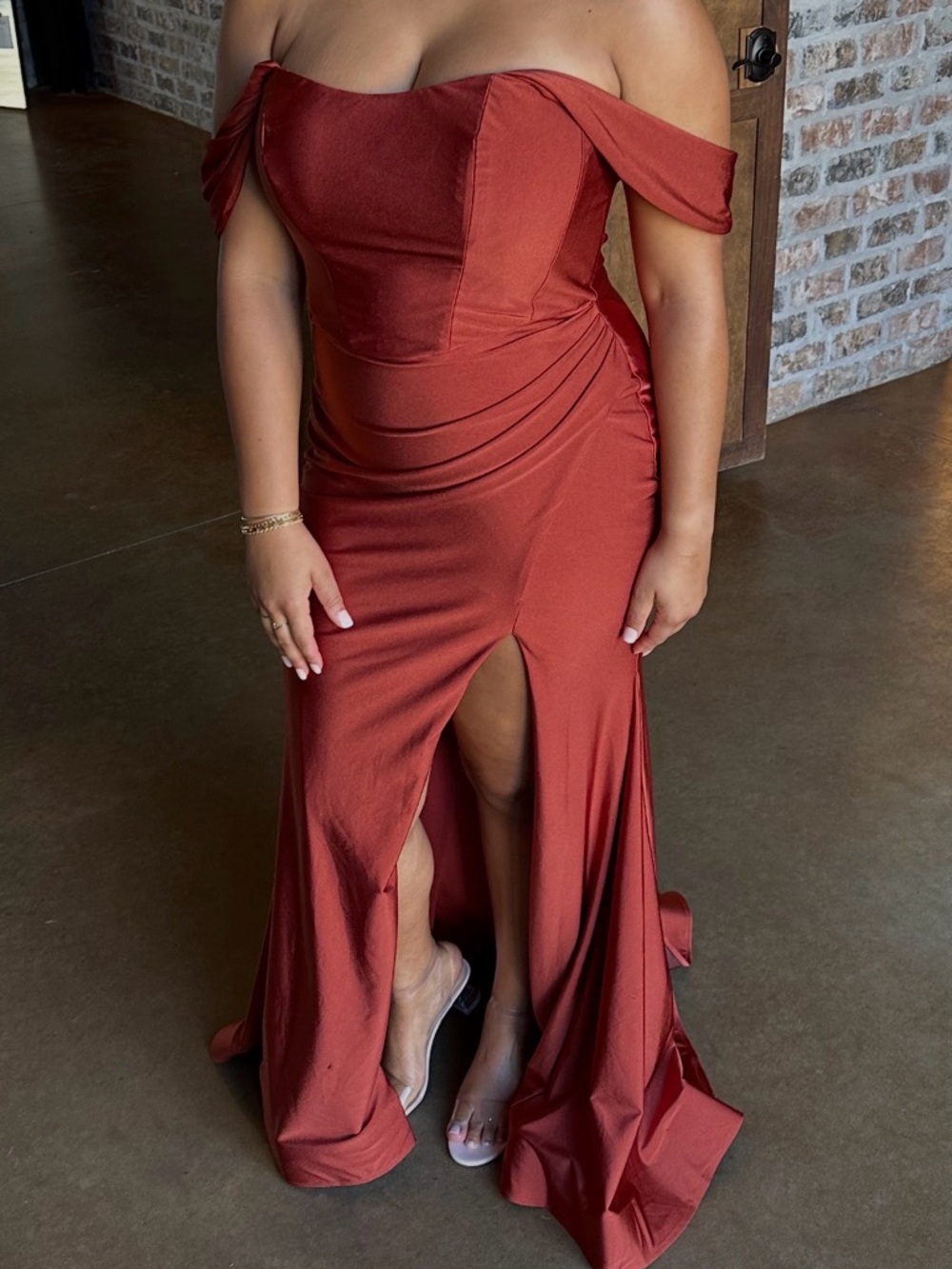 Off-Shoulder Rust Red Evening Gown